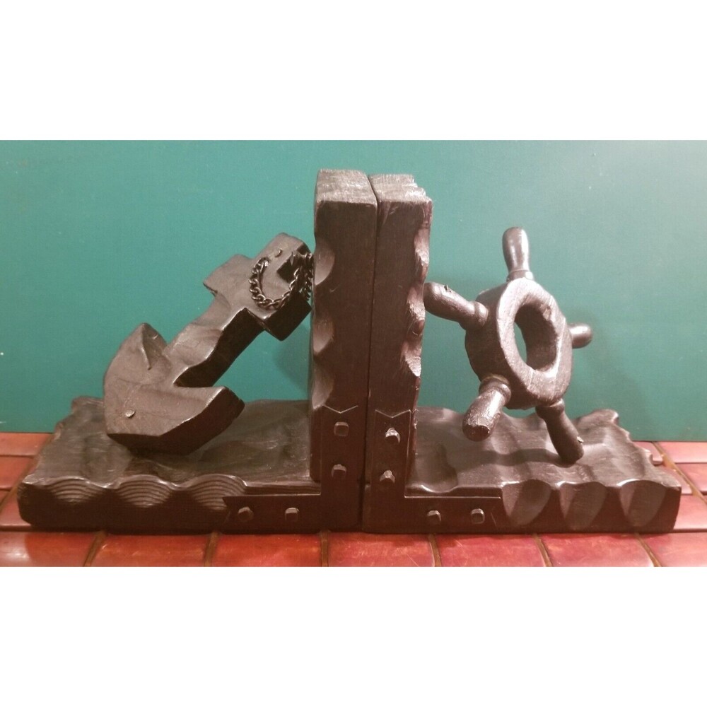 Vintage Ship's Wheel & Anchor Bookends Mid Century Nautical Pirate Decor